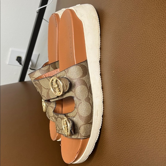 Coach Brown Signature Canvas Double-Strap Slide Sandals with Gold Buckles - Picture 4 of 7